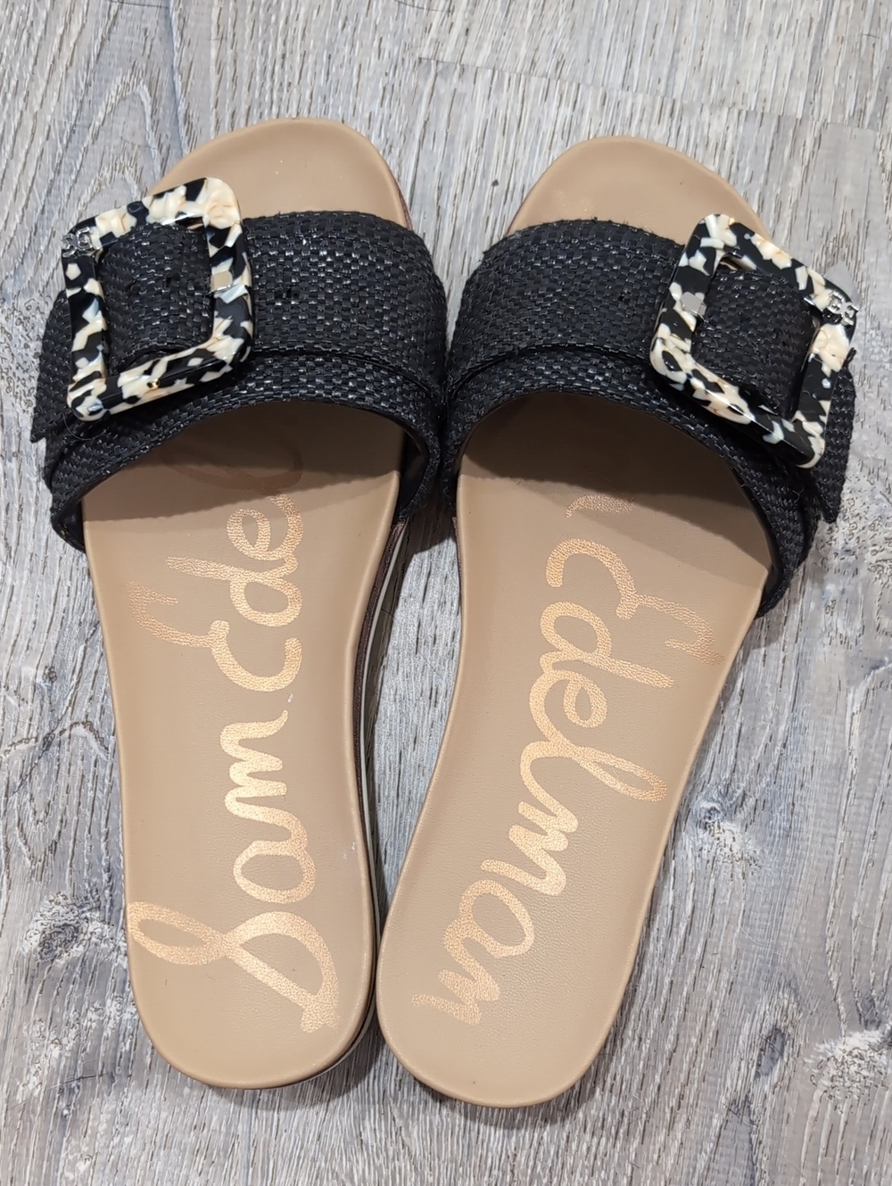 Sam Edelman Black Slide Sandals with Tortoiseshell Buckle